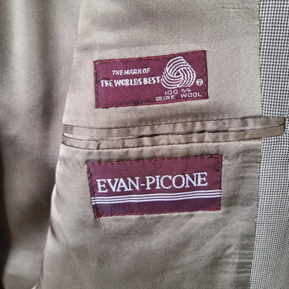 Evan-Picone Jacket Mens 40L Tan Micro Check Blazer 3 Button Pure Wool Suit Coat